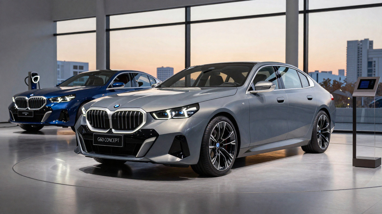 Dois carros BMW modelo G60 Concept em exposição interna com janelas grandes ao fundo durante o pôr do sol.