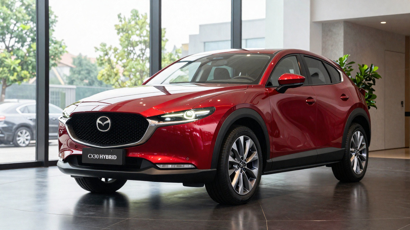 Carro Mazda CX-30 Hybrid vermelho exibido em showroom com chão cinza e grandes janelas de vidro.