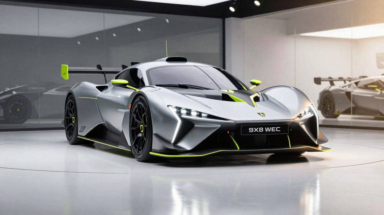 Carro esportivo futurista prata com detalhes verdes em showroom com iluminação moderna.