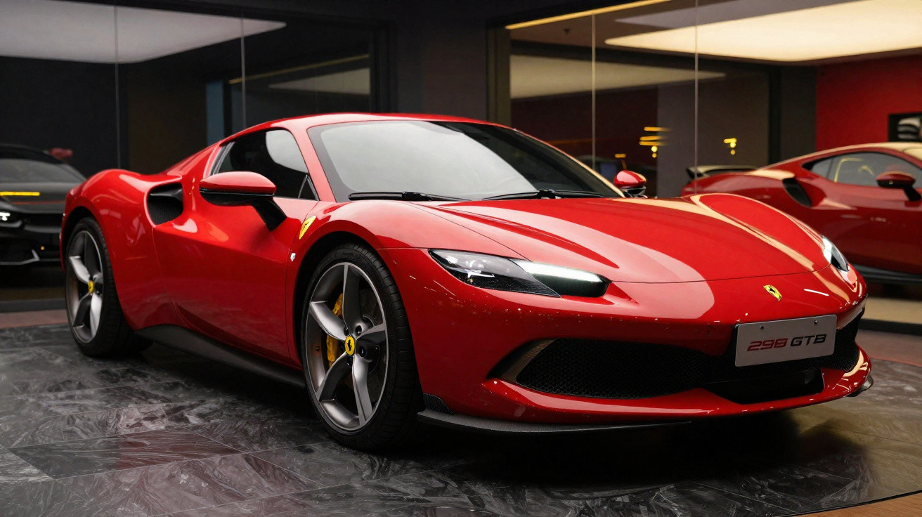 Carro esportivo Ferrari 298 GTB vermelho estacionado em ambiente interno moderno.