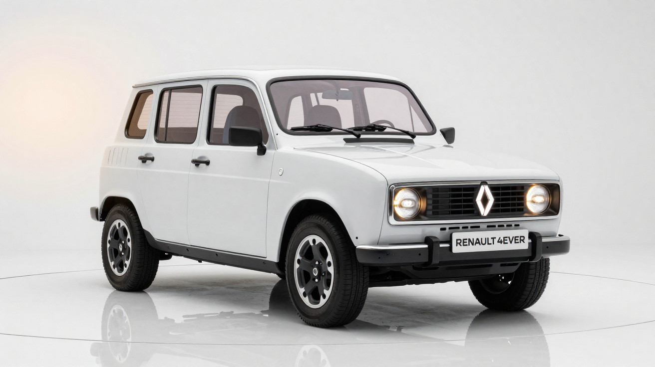 Carro Renault 4 branco em estúdio com faróis acesos e placa personalizada "Renault 4Ever".