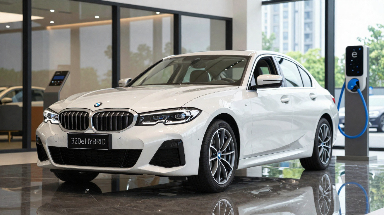 Carro branco BMW 320e Hybrid elétrico estacionado em showroom com ponto de recarga ao lado.