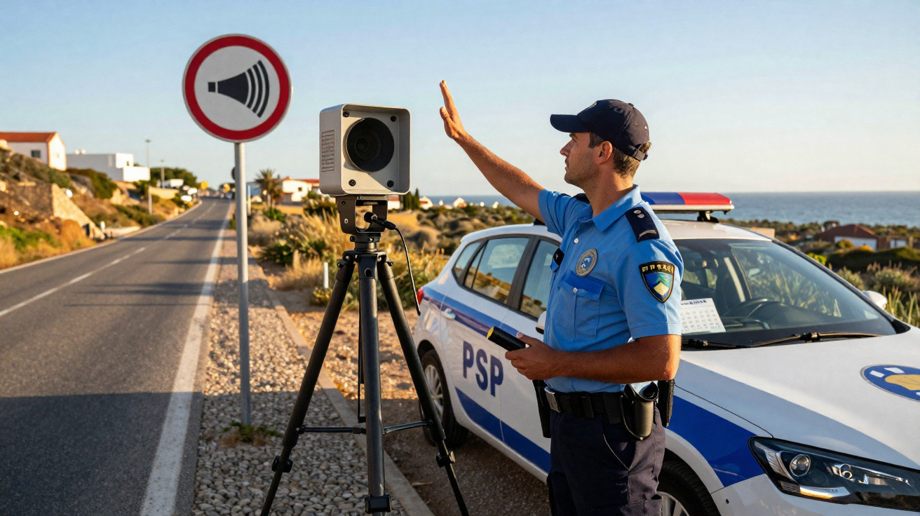 Policial parando motorista em radar de controle de velocidade próximo a placa de limite de ruído na estrada.
