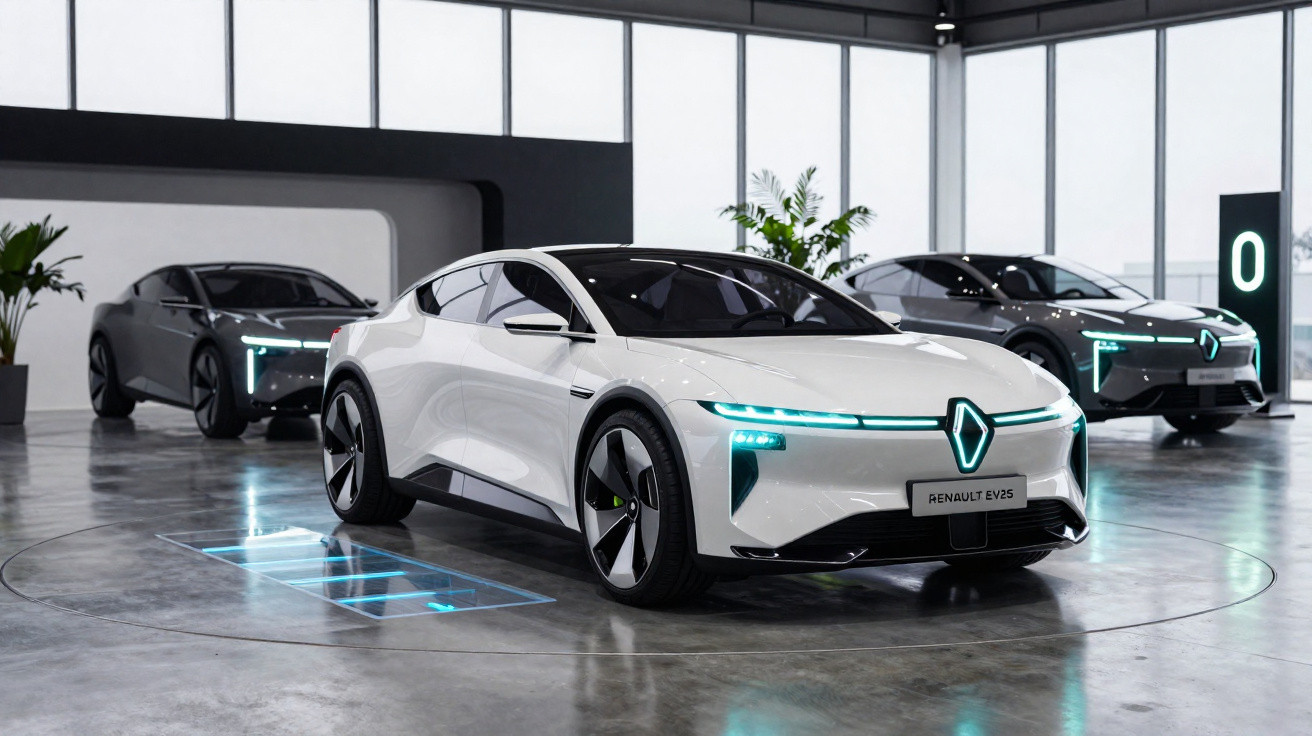 Carros elétricos Renault EV5 em exposição moderna com iluminação neon azul em showroom amplo e iluminado.
