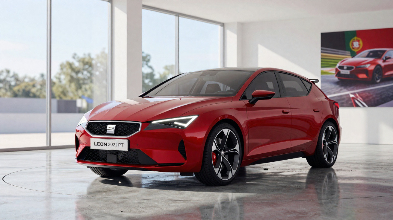 Carro vermelho SEAT Leon 2021 estacionado em showroom com paredes brancas e janelas amplas.