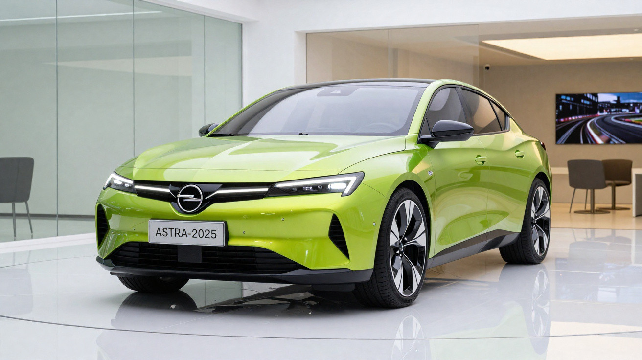 Carro verde limão Opel Astra 2025 apresentado em ambiente interno com piso branco e decoração moderna.