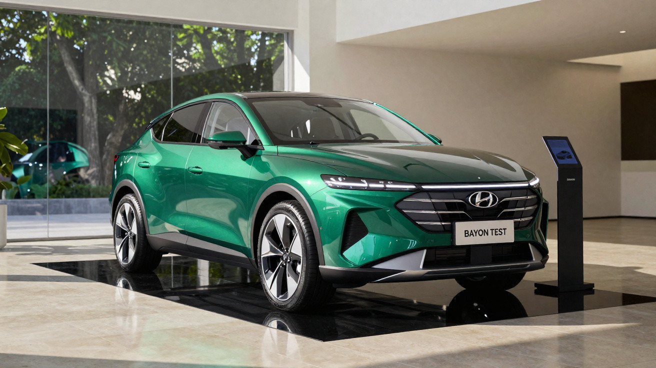 SUV Hyundai Bayon verde em exposição interna com chão refletivo e painel digital ao lado.