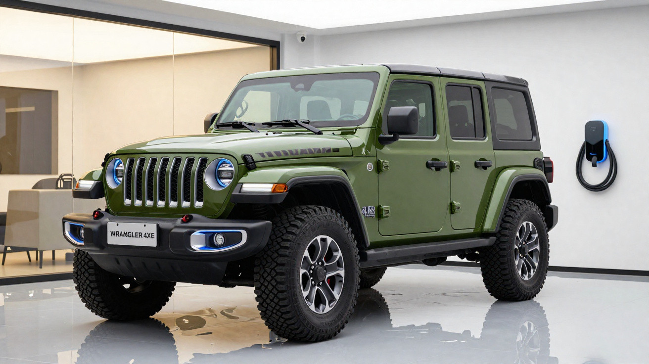 Jeep Wrangler 4xe verde estacionado em garagem moderna com carregador de carro elétrico na parede.