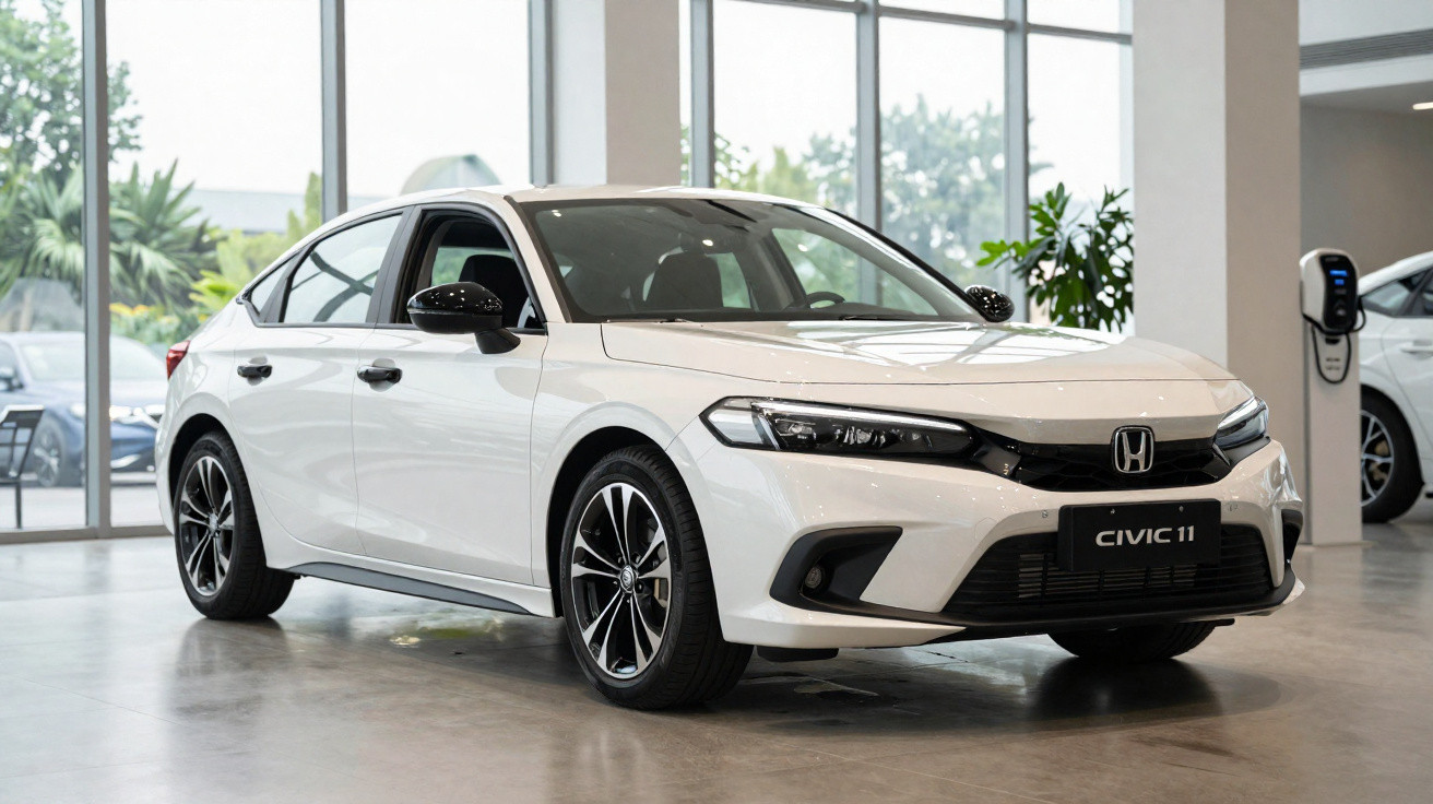 Carro Honda Civic 11 branco estacionado em showroom com piso cinza e grandes janelas de vidro.