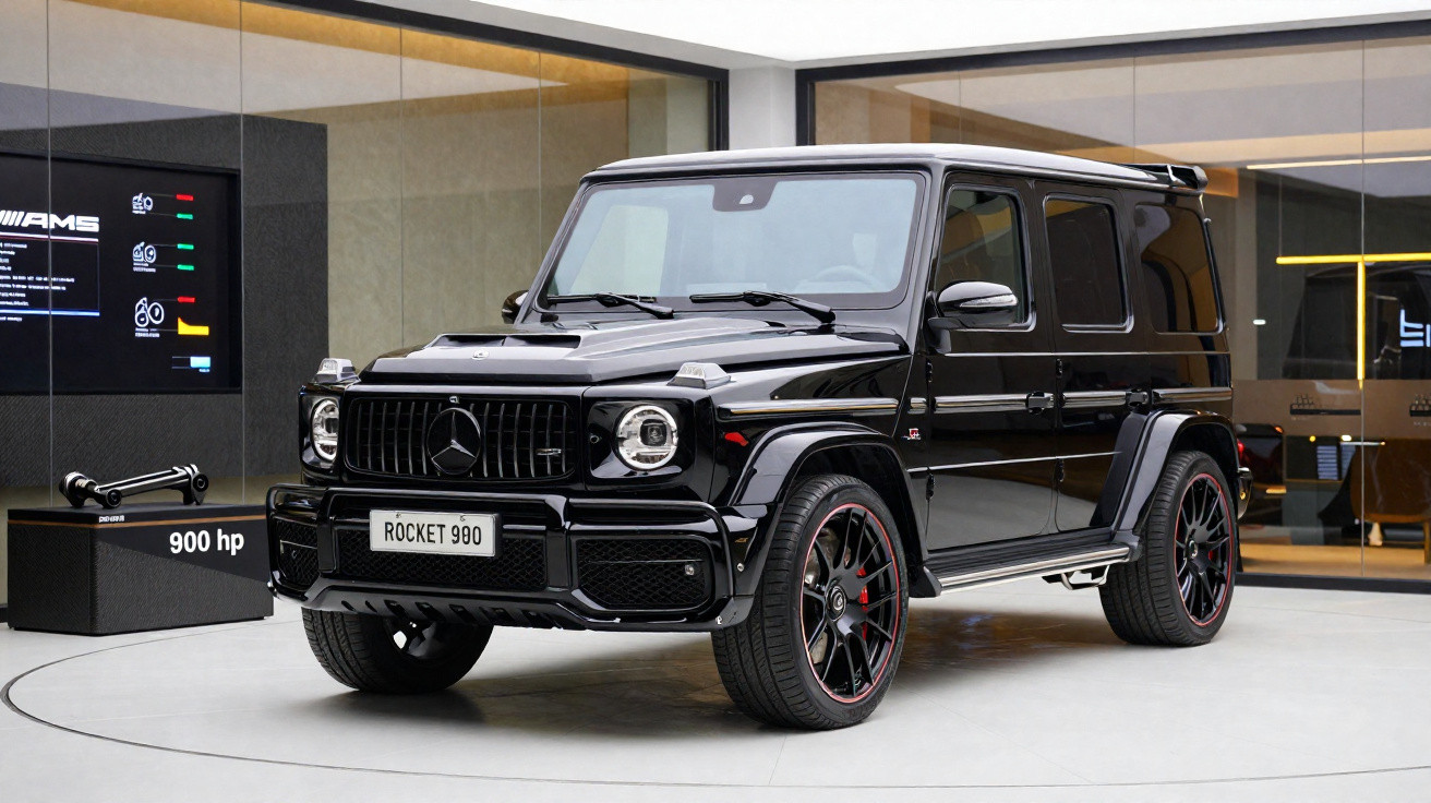 Carro Mercedes-Benz AMG G 63 preto, modelo Rocket 900, exibido em showroom moderno.