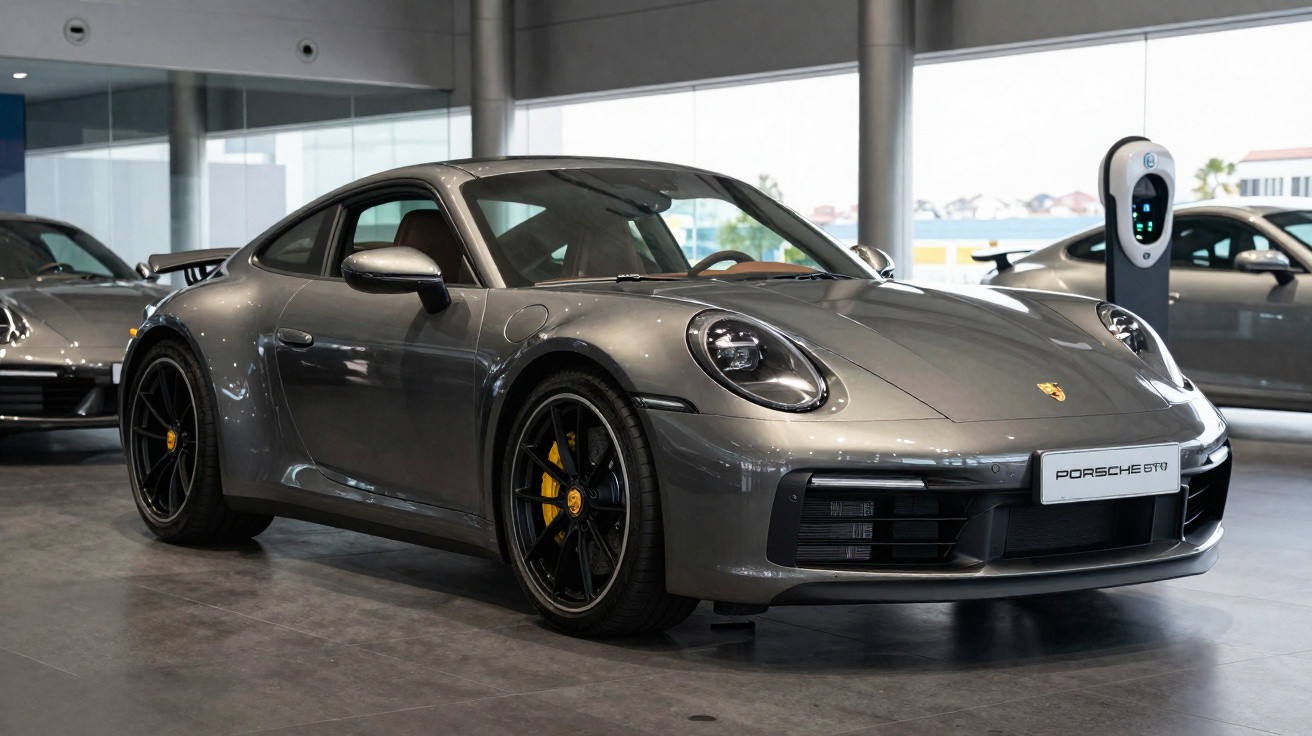 Carro esportivo cinza Porsche 911 GT3 em showroom, com rodas pretas e detalhes amarelos.