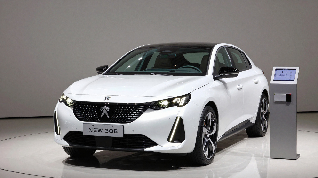 Carro branco Peugeot New 308 exibido em salão com painel informativo ao lado.
