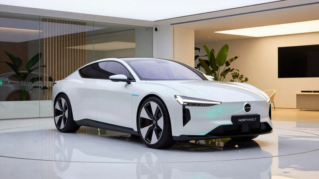 Carro elétrico branco moderno com design aerodinâmico em showroom elegante e minimalista.