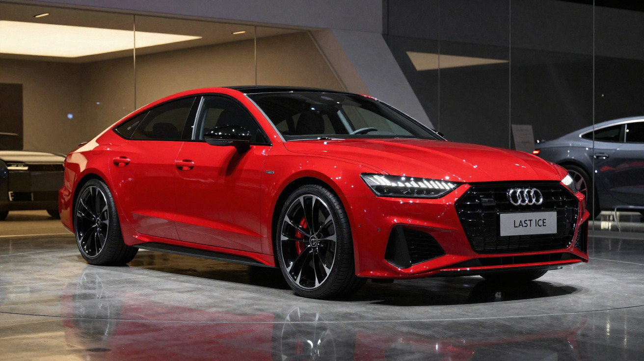 Carro Audi vermelho esportivo estacionado em showroom com rodas pretas e detalhes em preto.