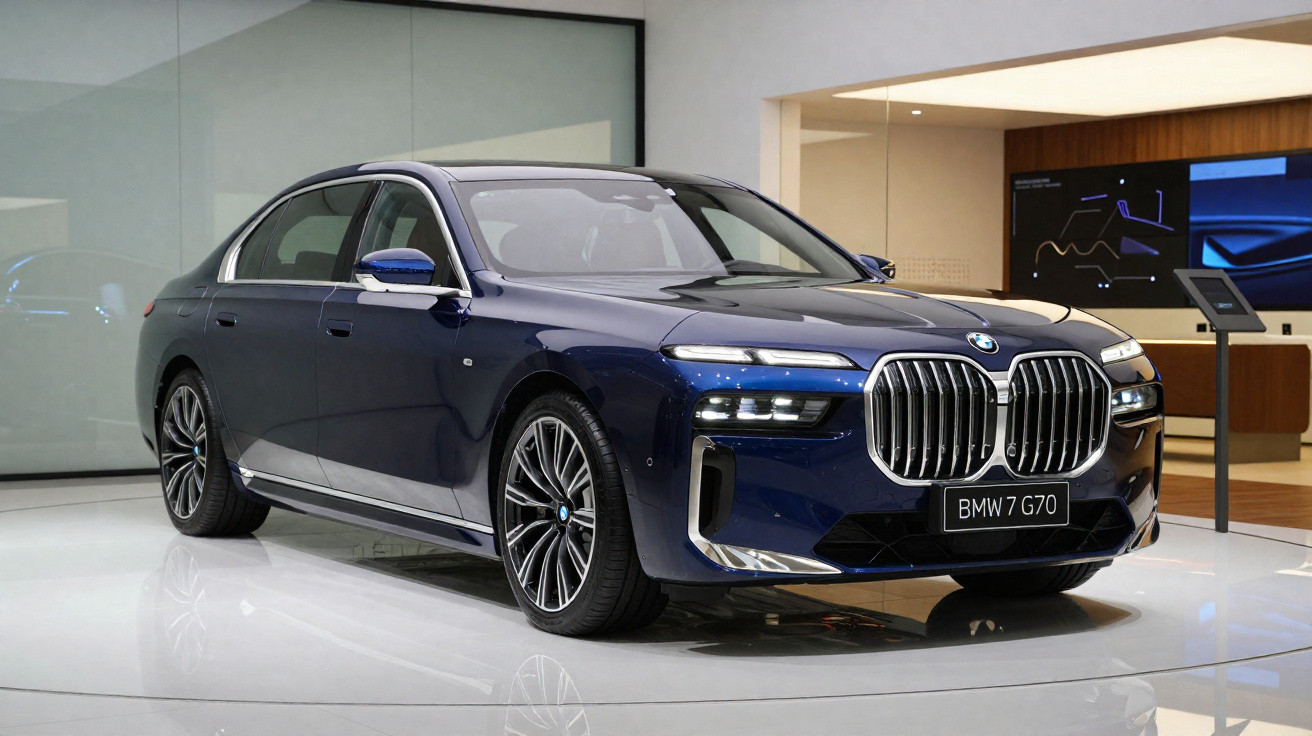 BMW 7 G70 azul escuro em exposição, com design moderno e grade frontal imponente.