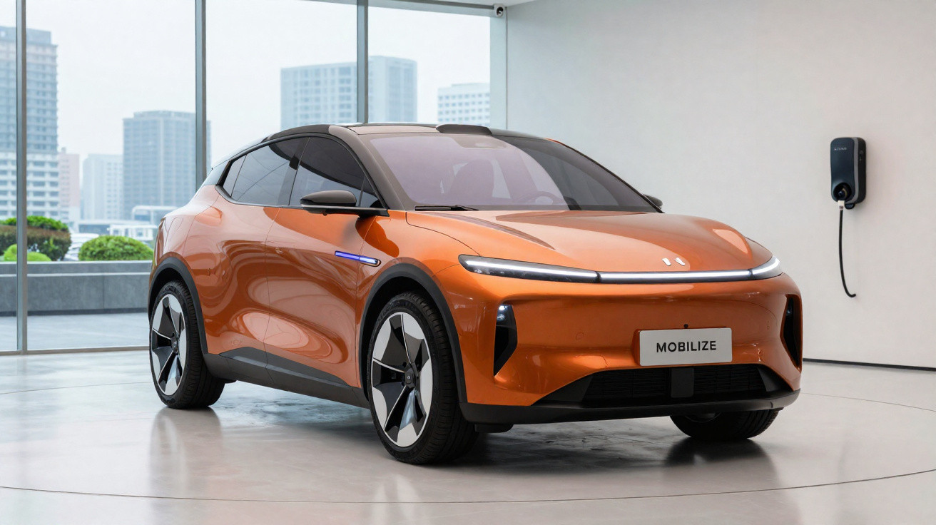 Carro elétrico laranja Mobilize estacionado em ambiente interno moderno com parede branca e janela panorâmica.