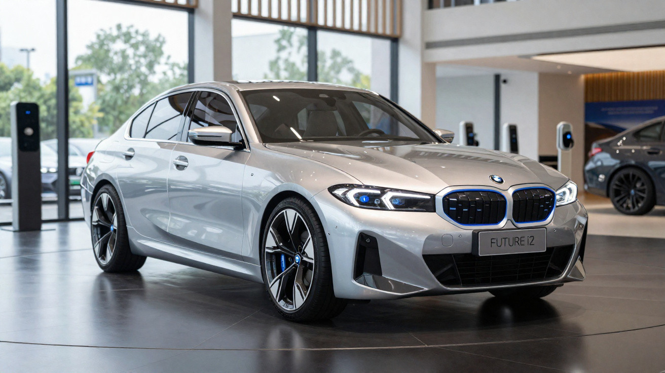 Carro elétrico BMW Future i2 prata exibido em showroom moderno com janelas grandes e estações de carregamento.