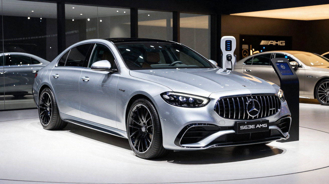 Carro prata Mercedes-Benz S63E AMG em exposição, com detalhes esportivos e rodas pretas.