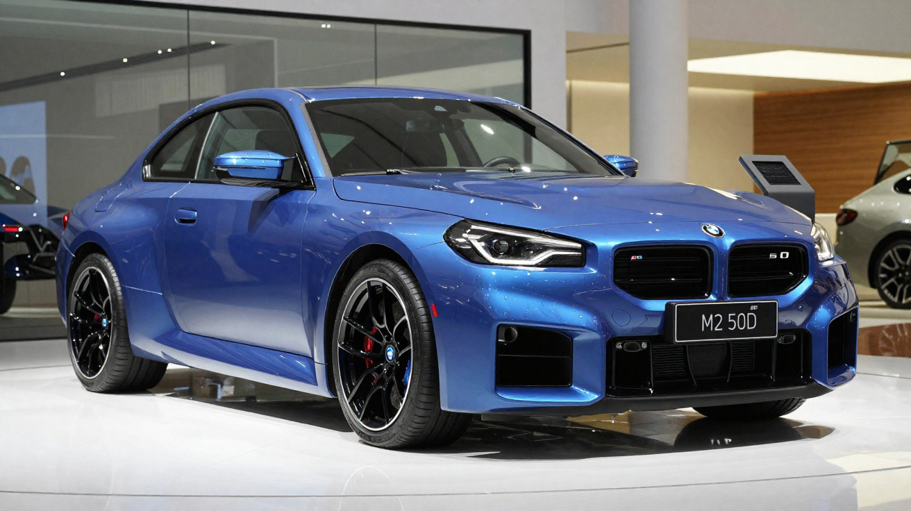 Carro esportivo BMW azul metálico modelo M2 50D em exposição em ambiente interno.