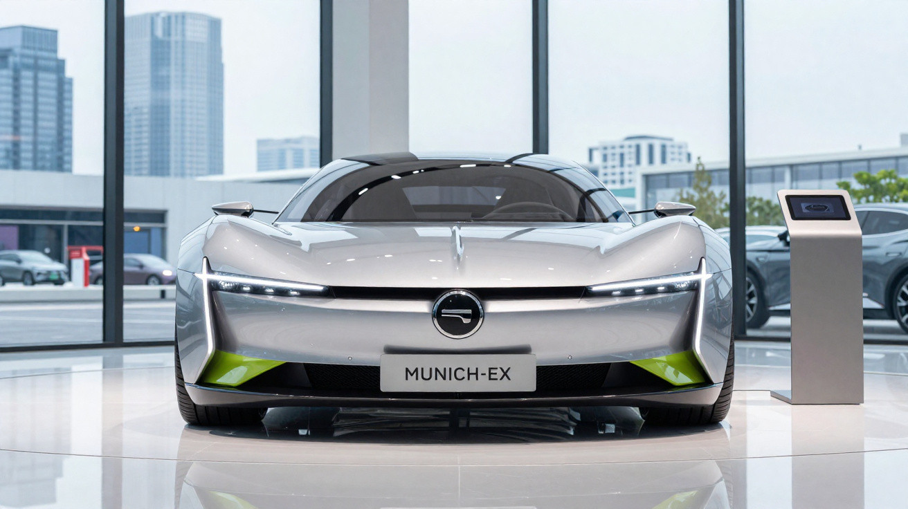 Carro conceito elétrico prateado Munich-EX exibido em showroom moderno com janelas grandes e vista urbana.