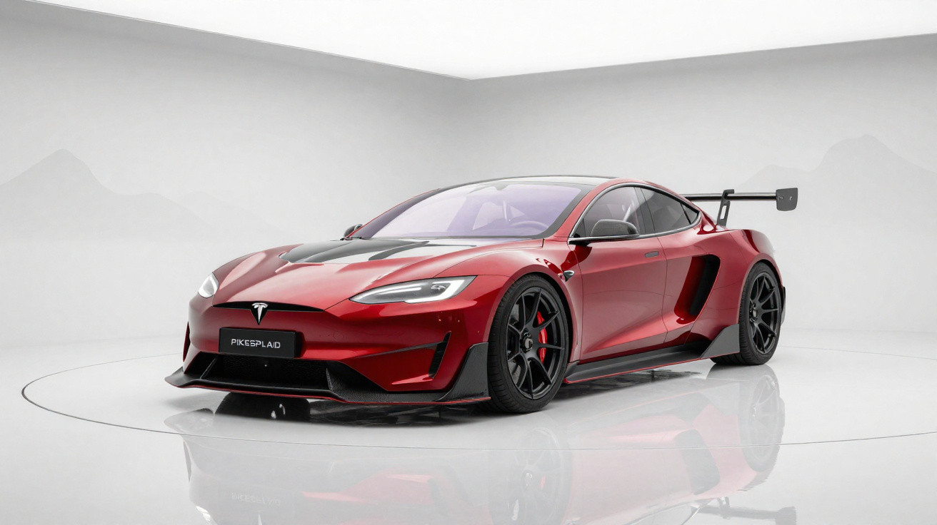 Carro esportivo Tesla vermelho Pikes Peak com aerofólio grande em estúdio branco minimalista.