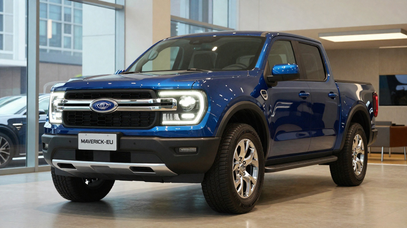 Picape azul Ford Maverick exposta em showroom moderno e iluminado.