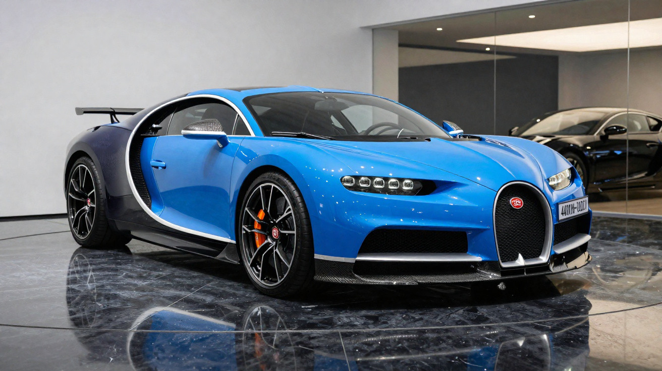 Carro esportivo Bugatti Chiron azul em exposição com fundo cinza e reflexo no piso brilhante.