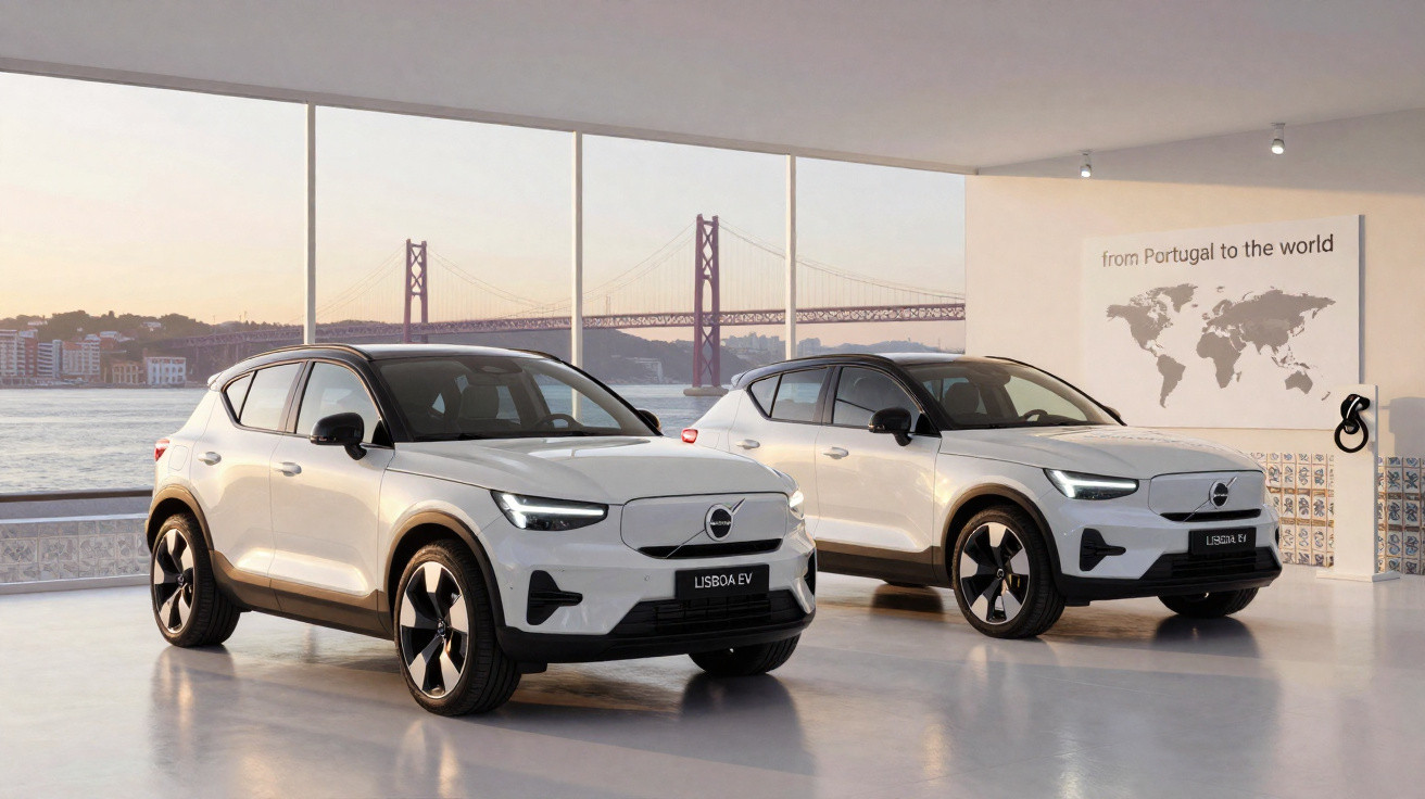 Dois carros elétricos brancos Volvo Lisboa EV em showroom com janelas amplas e vista para ponte suspensa.