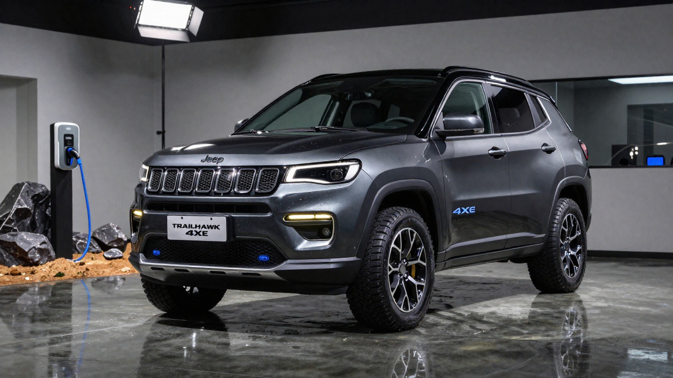 SUV Jeep Trailhawk 4XE cinza estacionado em ambiente interno, conectado a carregador elétrico.
