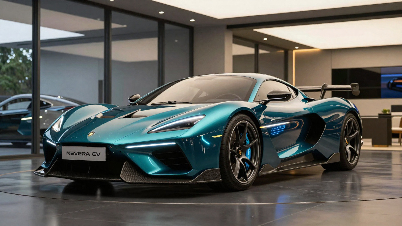 Carro esportivo elétrico azul metálico Nevera EV estacionado em ambiente interno moderno e iluminado.