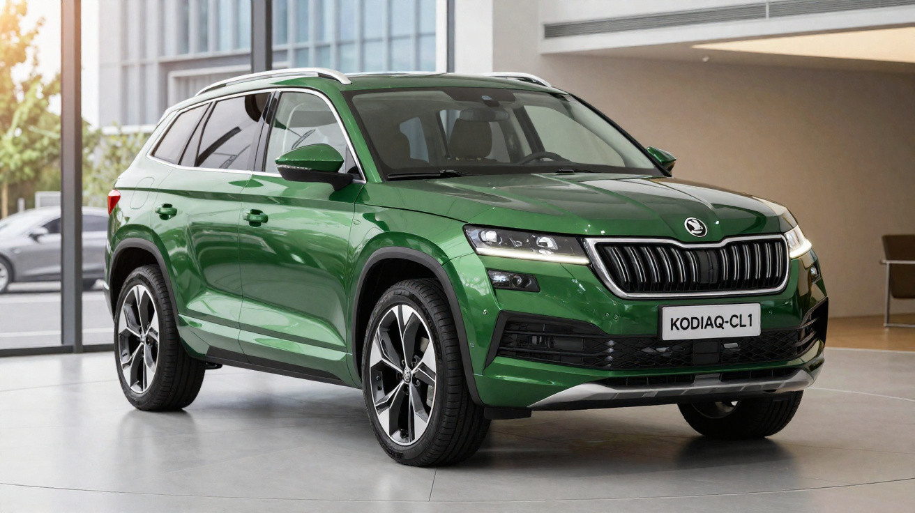 SUV verde da Skoda modelo Kodiaq CL1 estacionado em showroom moderno com piso claro.