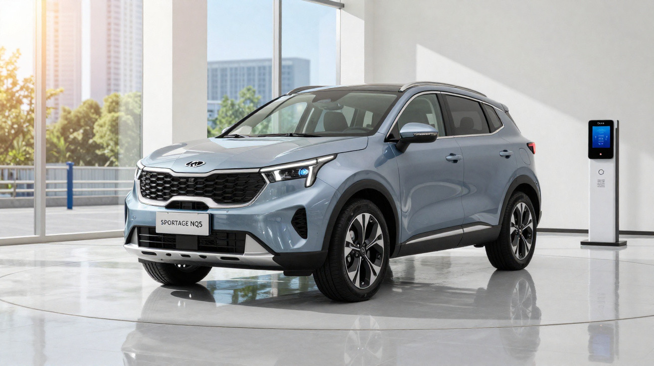 Carro SUV cinza Kia Sportage NQ5 estacionado em showroom com carregador elétrico ao lado.