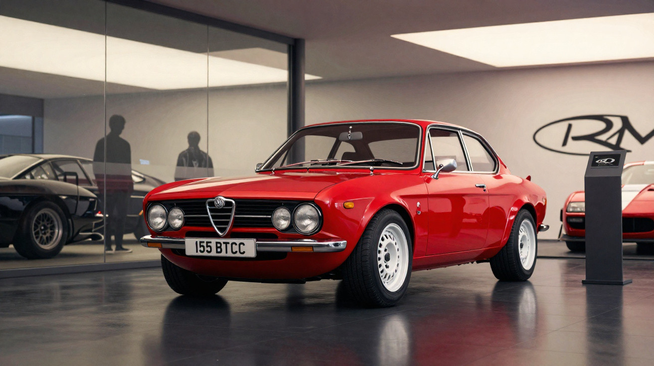 Carro clássico Alfa Romeo vermelho exibido em museu com piso escuro e reflexo no vidro.