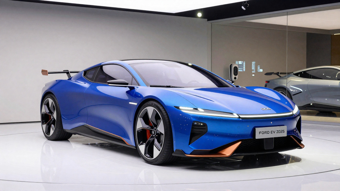 Carro esportivo elétrico Ford EV 2025 azul com detalhes laranja em exposição em showroom moderno.
