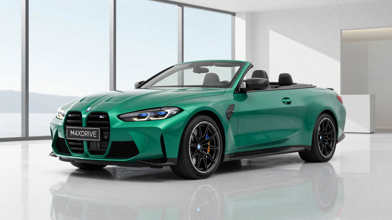 Carro conversível esportivo verde BMW M4 xDrive estacionado em ambiente interno branco e iluminado.