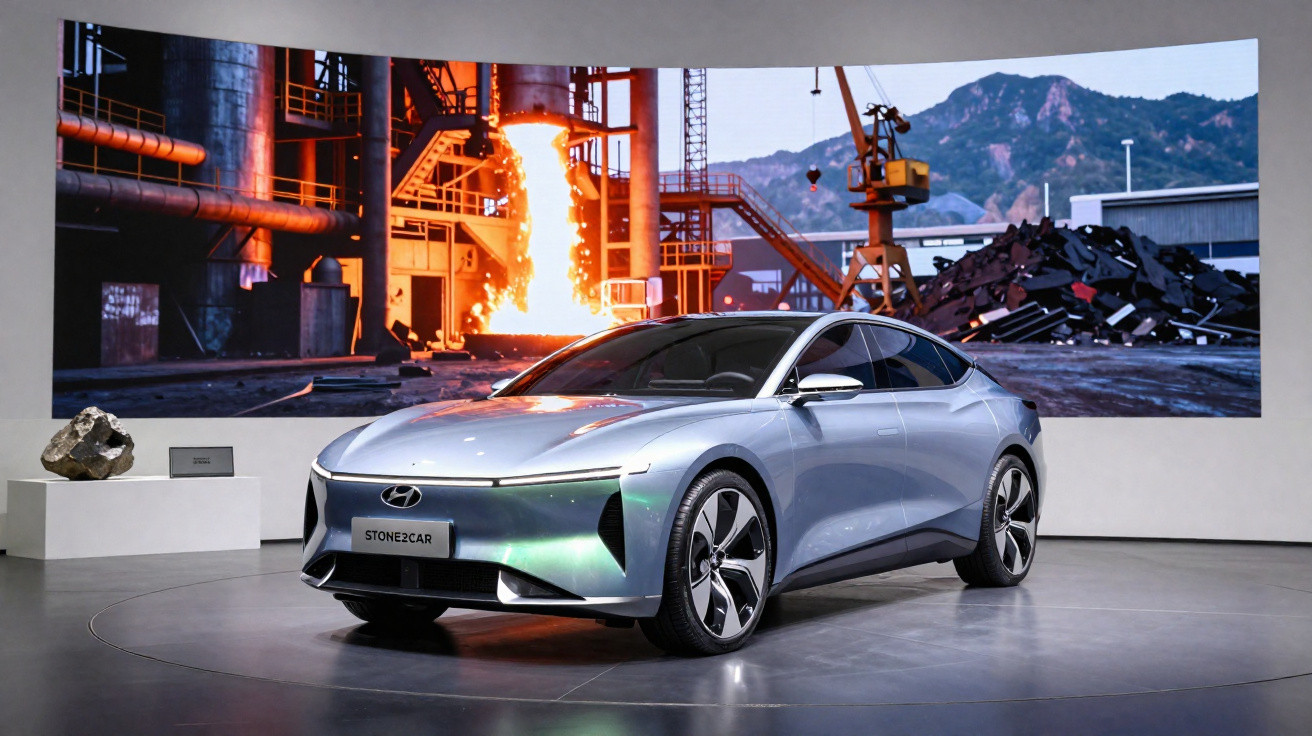 Carro elétrico conceito cinza em exposição com tela grande ao fundo mostrando fundição de metal.