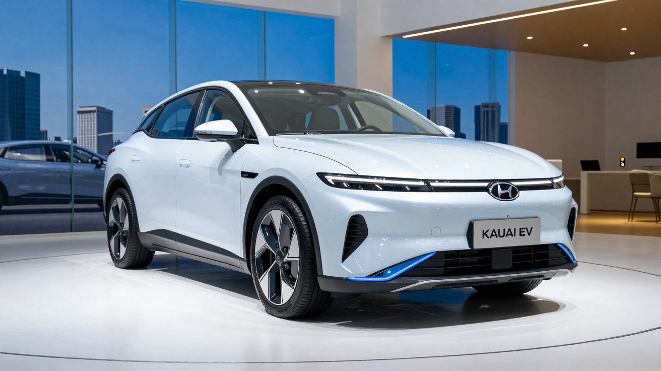 Carro elétrico Hyundai Kauai EV branco em exposição com fundo urbano e iluminação interna moderna.