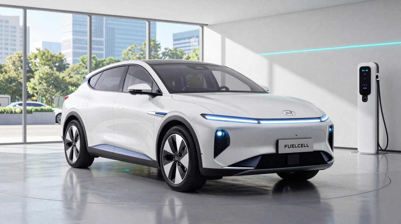 Carro elétrico branco estacionado em área interna moderna com estação de recarga ao fundo.