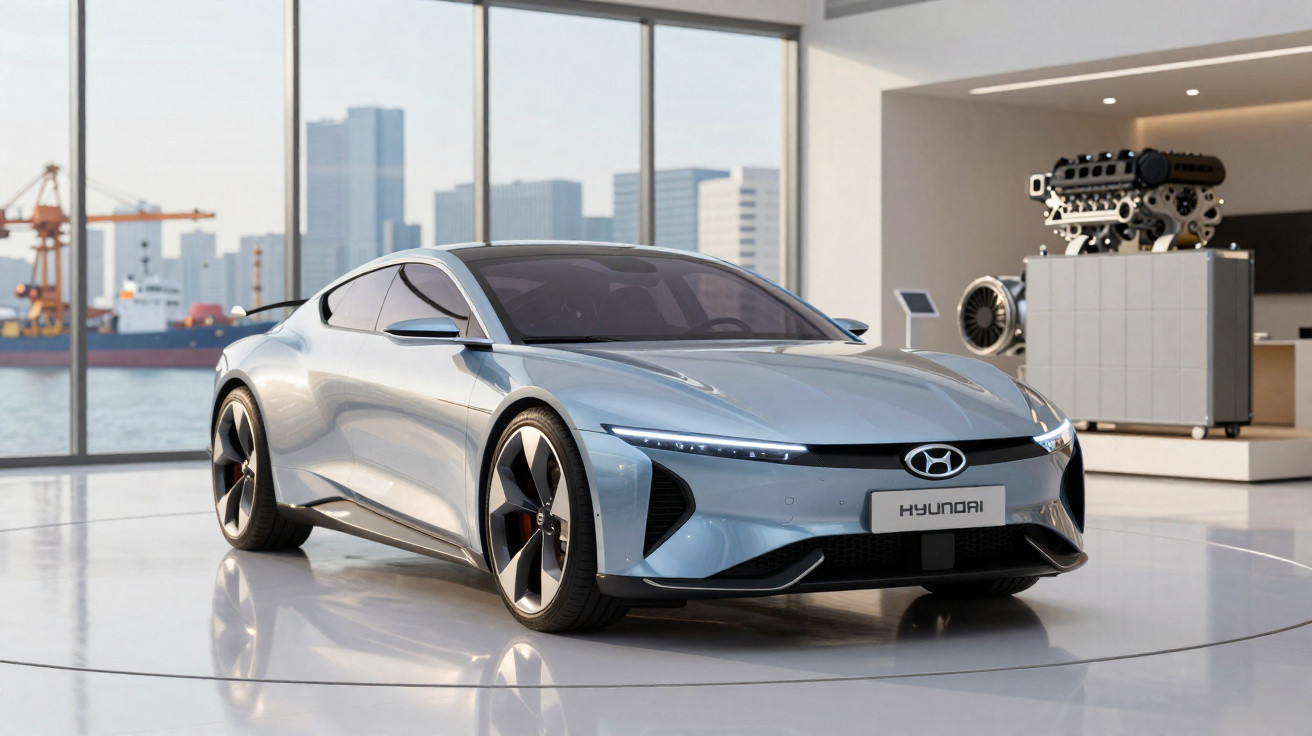 Carro esportivo elétrico Hyundai prateado em exposição interna com janela grande e vista para o porto.