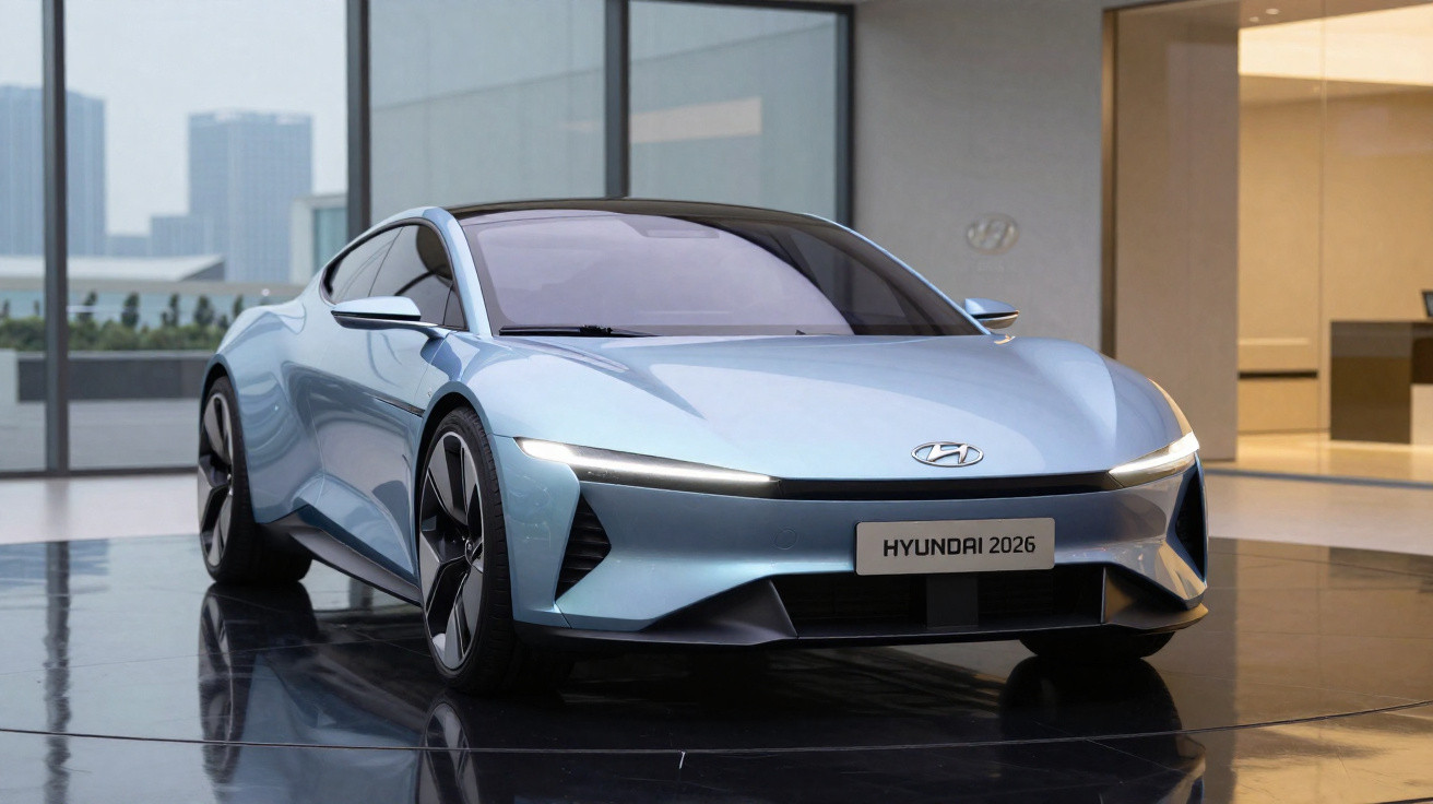 Carro elétrico esportivo Hyundai 2026 azul claro em exposição interna moderna.