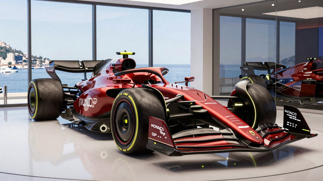 Carro de corrida Fórmula 1 vermelho exibido em showroom com vista para o mar e reflexo no vidro.