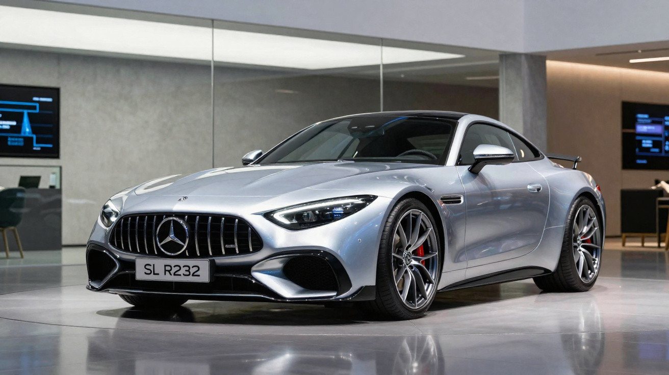 Carro esportivo Mercedes-Benz prata estacionado em ambiente interno moderno e iluminado.