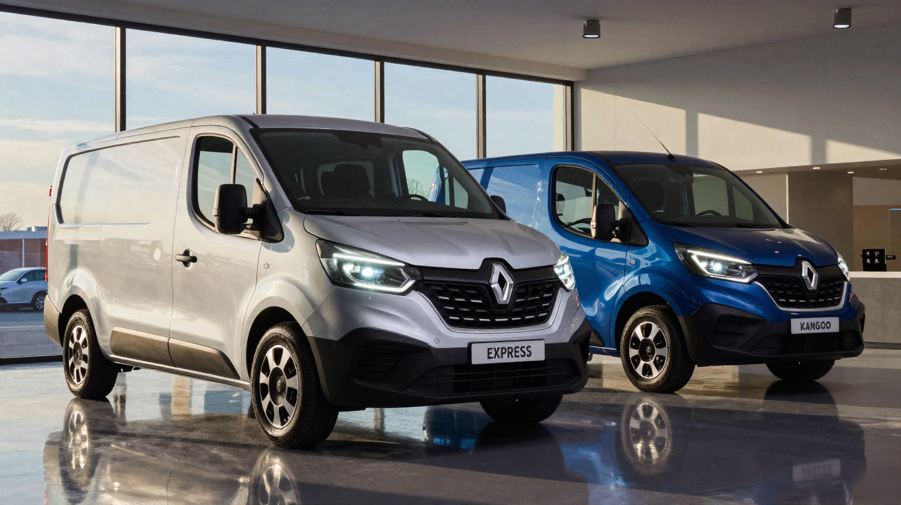 Duas vans Renault, modelo Express prata e Kangoo azul, exibidas em showroom moderno com piso refletivo.