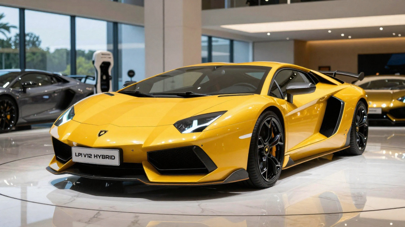 Carro esportivo amarelo Lamborghini LP1 V12 Hybrid em showroom moderno e iluminado.