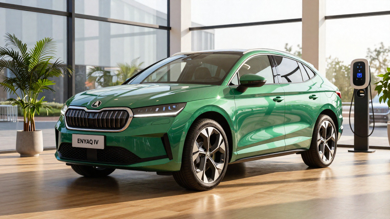 Carro elétrico verde Škoda Enyaq iV estacionado em showroom com carregador elétrico ao fundo.