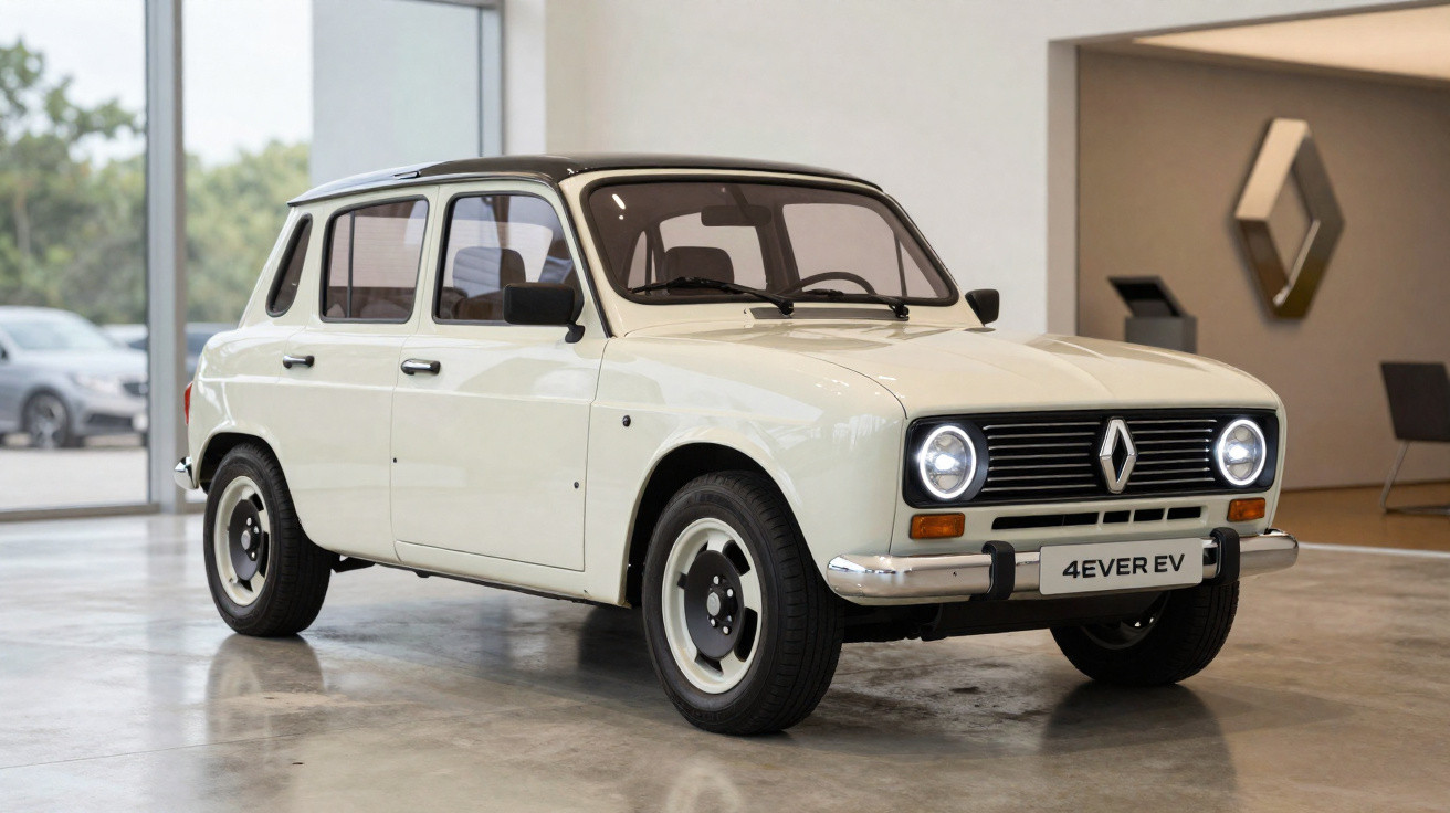 Carro elétrico Renault 4ever EV branco exposto em showroom moderno com logo Renault na parede.