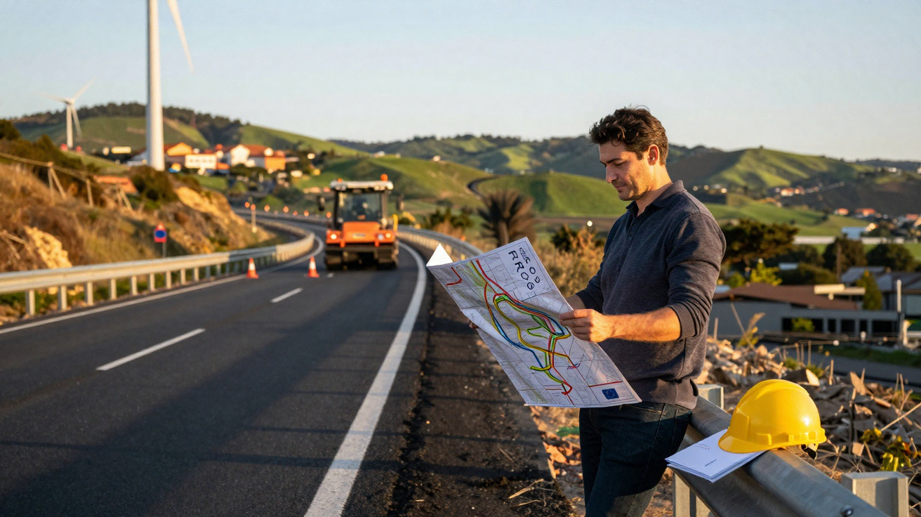 Homem observa mapa em obra rodoviária com capacete amarelo apoiado em guarda-corpo ao lado.