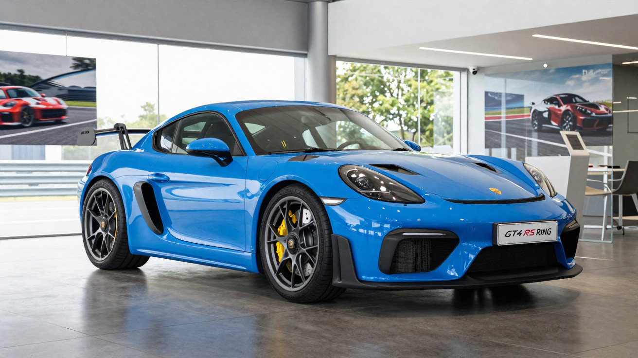 Carro esportivo azul Porsche GT4 RS Ring em exposição dentro de showroom moderno.