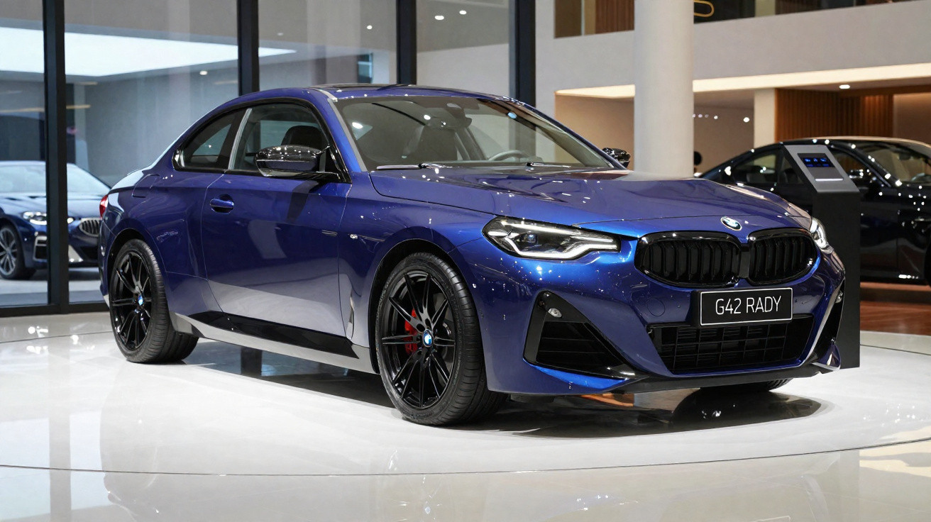 Carro esportivo BMW azul metálico com rodas pretas exposto em showroom moderno.