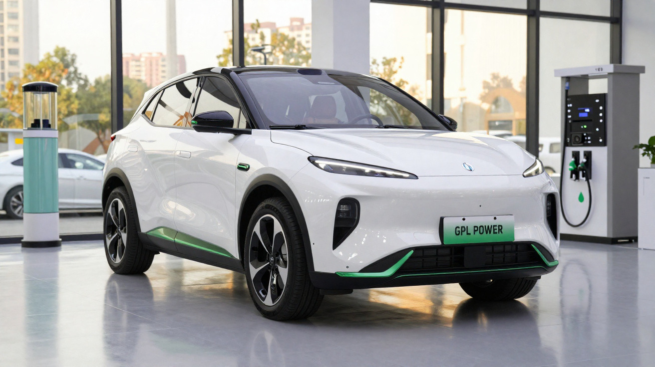 Carro elétrico branco com detalhes verdes em exposição dentro de showroom moderno e brilhante.
